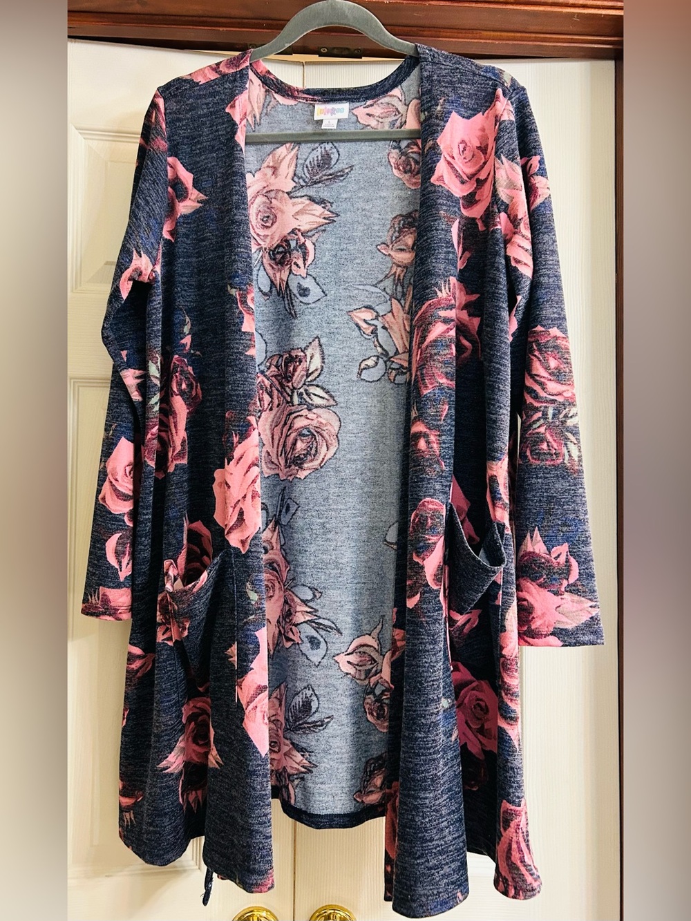 LuLaRoe Navy Cardigan with Pink Rose Print